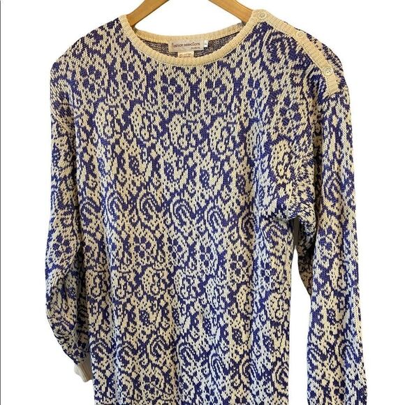 VINTAGE Knit Blue&Ivory Printed Long Sleeve Button Detail Shoulder Padded Dress - Picture 2 of 8